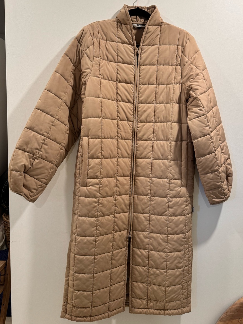 Rains Long Quilted Puffer Coat in Tan S
